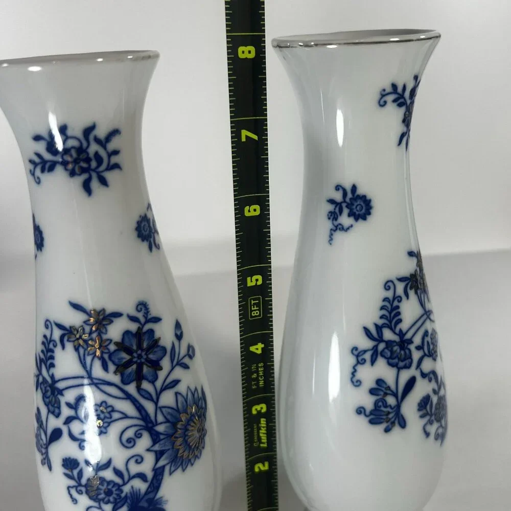 Norleans Japan 2 Hand painted Gilded Blue‎ White Floral Porcelain Vases READ